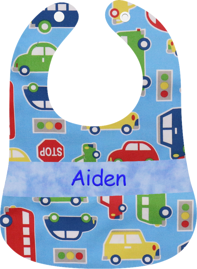 藍色交通工具繡名口水肩