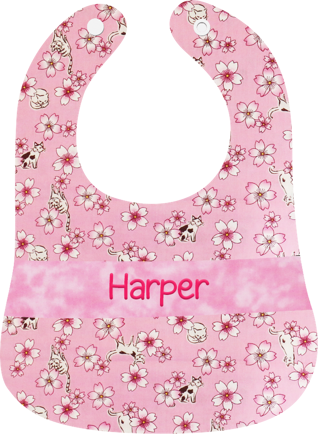 粉色櫻花貓咪繡名口水肩