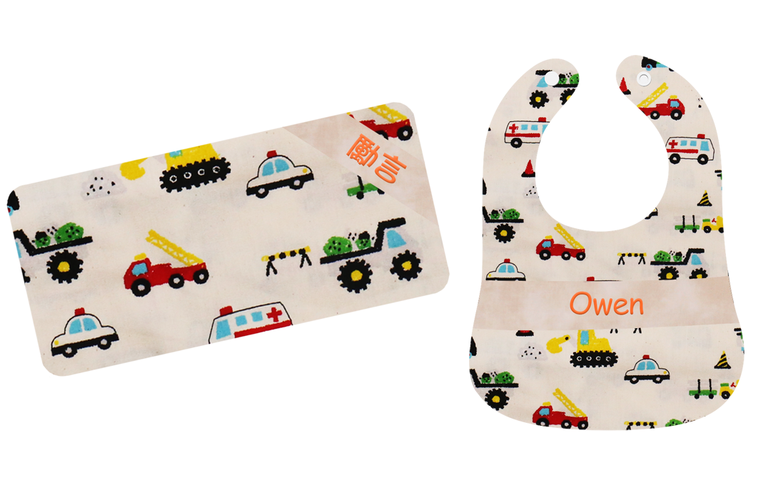 稻草色工具車繡名嬰兒禮盒