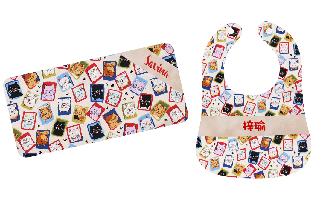 米黃色貓喵郵票繡名嬰兒禮盒