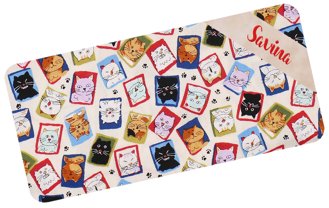 米黃色貓喵郵票繡名油柑葉枕